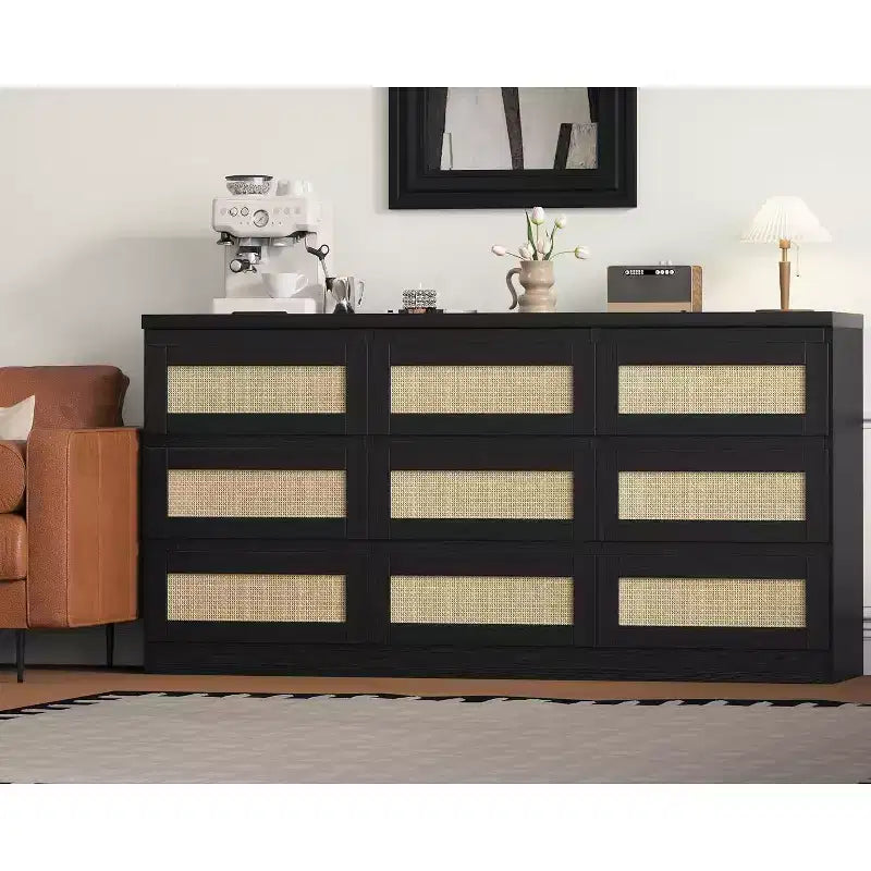 Comò a 9 cassetti per camera da letto, Comò lungo 160 cm e cassettiera in rattan, Stile Boho, Comò moderno per soggiorno, ingresso, camera da letto