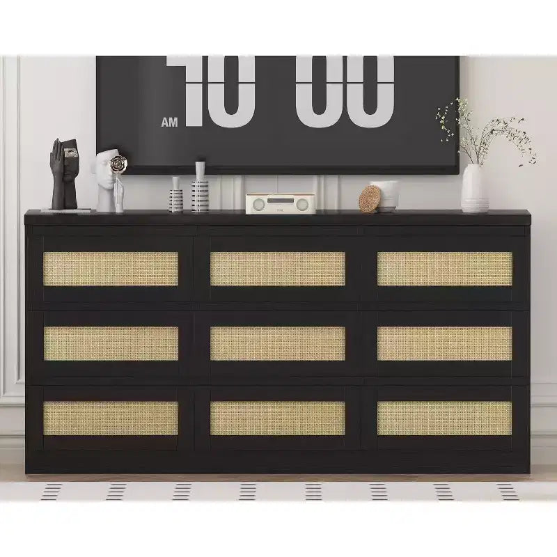 Comò a 9 cassetti per camera da letto, Comò lungo 160 cm e cassettiera in rattan, Stile Boho, Comò moderno per soggiorno, ingresso, camera da letto