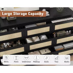 Comò a 9 cassetti per camera da letto, Comò lungo 160 cm e cassettiera in rattan, Stile Boho, Comò moderno per soggiorno, ingresso, camera da letto