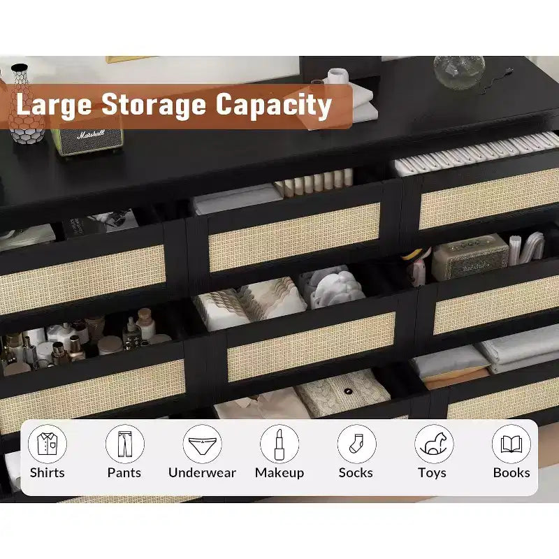 Comò a 9 cassetti per camera da letto, Comò lungo 160 cm e cassettiera in rattan, Stile Boho, Comò moderno per soggiorno, ingresso, camera da letto