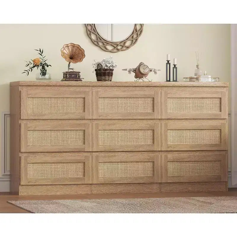 Comò a 9 cassetti per camera da letto, Comò lungo 160 cm e cassettiera in rattan, Stile Boho, Comò moderno per soggiorno, ingresso, camera da letto