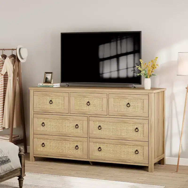 Cassettiera in Rattan a 7 Cassetti, Cassettiera Boho per Camera da Letto, Cassettiera, Organizzatore per Armadio, Cassettiera in Legno Naturale per Camera da Letto, Soggiorno, Ingresso
