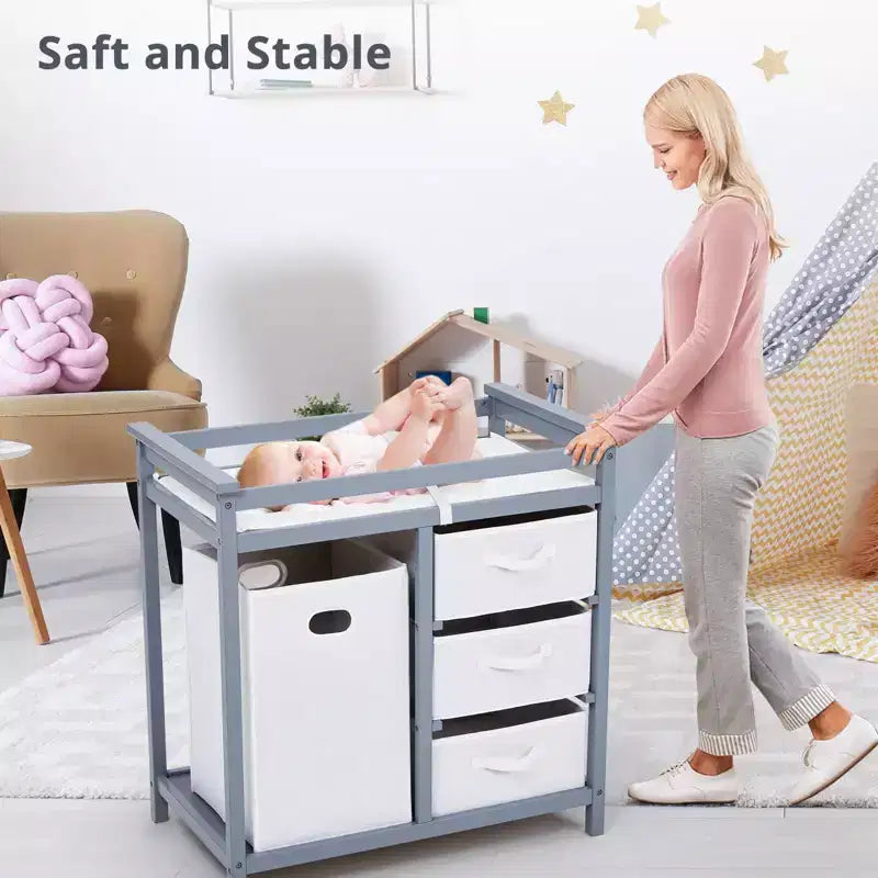 Fasciatoio in Legno per Bambini, Fasciatoio Moderno, Comodino Fasciatoio per Neonati con Cesto Portabiancheria, Cesto a 3 Cassetti