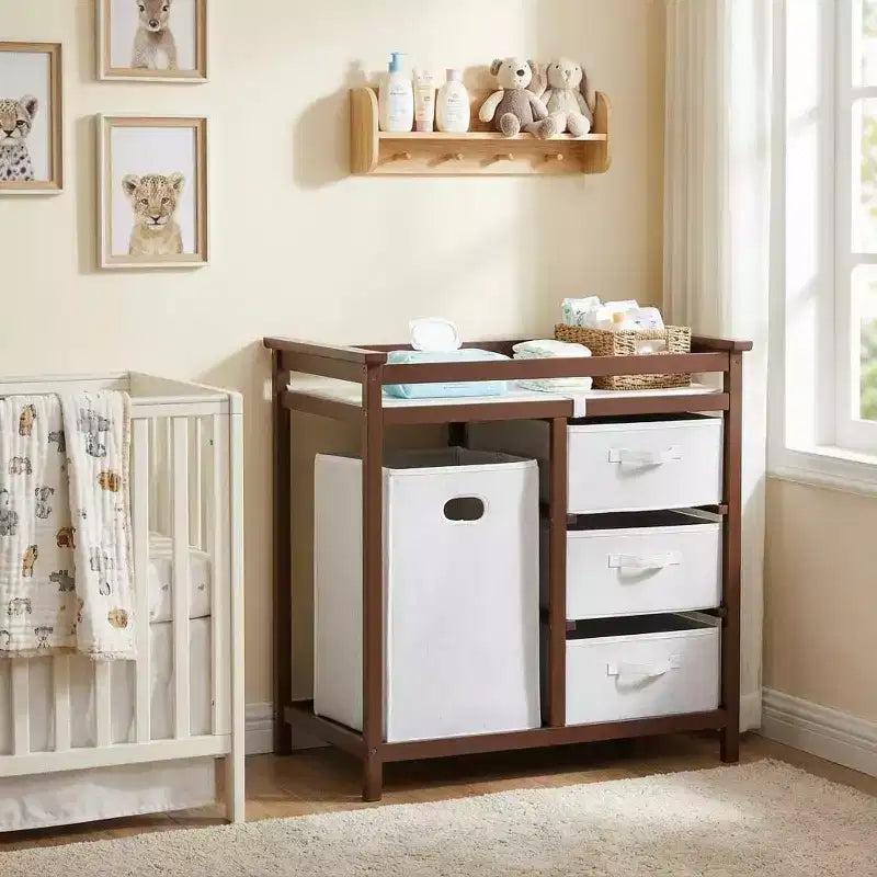 Fasciatoio in Legno per Bambini, Fasciatoio Moderno, Comodino Fasciatoio per Neonati con Cesto Portabiancheria, Cesto a 3 Cassetti