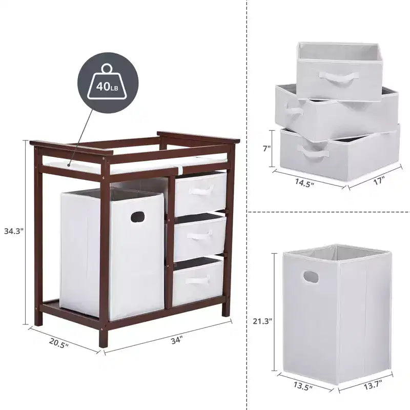 Fasciatoio in Legno per Bambini, Fasciatoio Moderno, Comodino Fasciatoio per Neonati con Cesto Portabiancheria, Cesto a 3 Cassetti