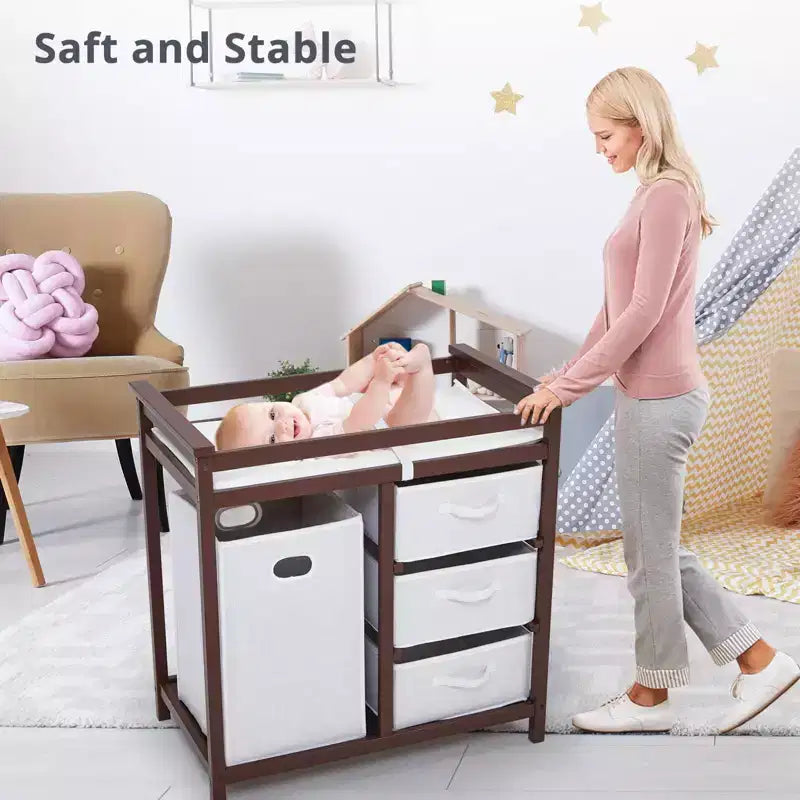 Fasciatoio in Legno per Bambini, Fasciatoio Moderno, Comodino Fasciatoio per Neonati con Cesto Portabiancheria, Cesto a 3 Cassetti