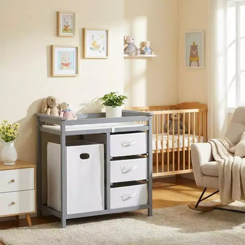 Fasciatoio in Legno per Bambini, Fasciatoio Moderno, Comodino Fasciatoio per Neonati con Cesto Portabiancheria, Cesto a 3 Cassetti