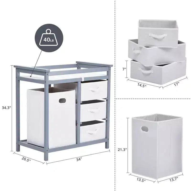 Fasciatoio in Legno per Bambini, Fasciatoio Moderno, Comodino Fasciatoio per Neonati con Cesto Portabiancheria, Cesto a 3 Cassetti