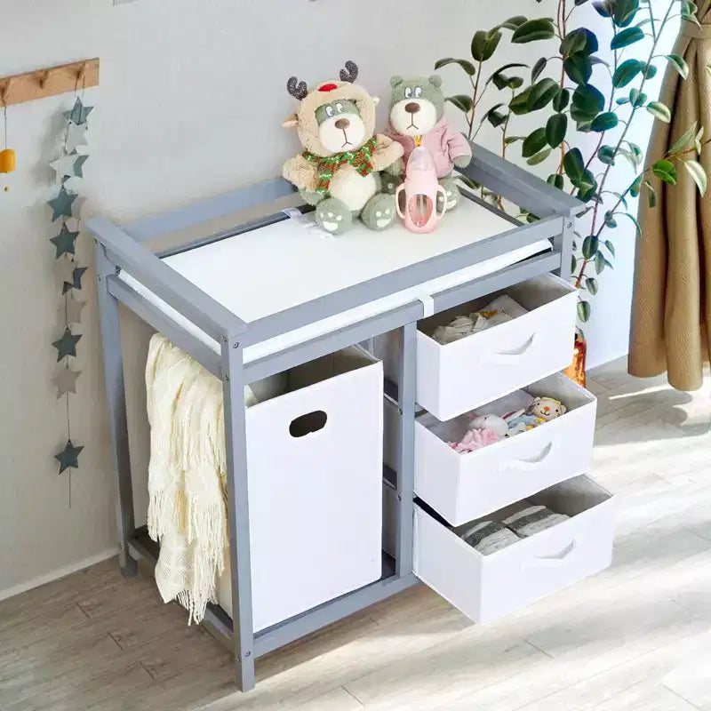 Fasciatoio in Legno per Bambini, Fasciatoio Moderno, Comodino Fasciatoio per Neonati con Cesto Portabiancheria, Cesto a 3 Cassetti