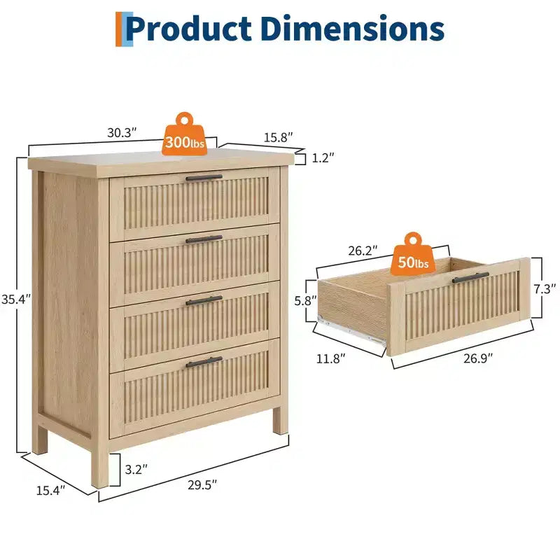 Comò alto da 89.9 cm per camera da letto, con 4 cassetti a scanalatura, cassettiera con armadietto per riporre i vestiti, organizer per cassetti per camera da letto, soggiorno