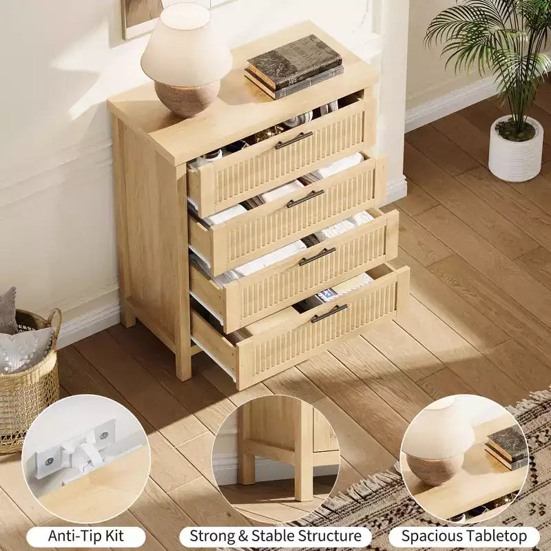 Comò alto da 89.9 cm per camera da letto, con 4 cassetti a scanalatura, cassettiera con armadietto per riporre i vestiti, organizer per cassetti per camera da letto, soggiorno