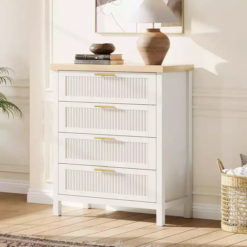 Comò alto da 89.9 cm per camera da letto, con 4 cassetti a scanalatura, cassettiera con armadietto per riporre i vestiti, organizer per cassetti per camera da letto, soggiorno
