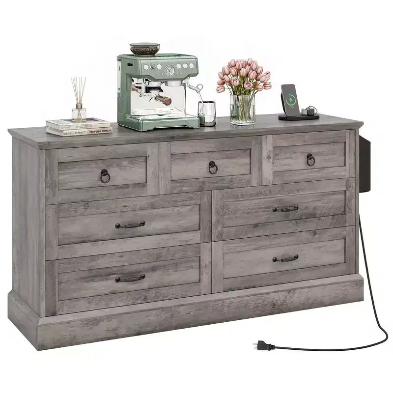 Cassettiera da fattoria larga 59 pollici con 7 cassetti in legno rustico con texture piacevole, design vintage, cassettiere organizer per contenitori