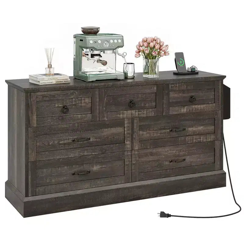 Cassettiera da fattoria larga 59 pollici con 7 cassetti in legno rustico con texture piacevole, design vintage, cassettiere organizer per contenitori