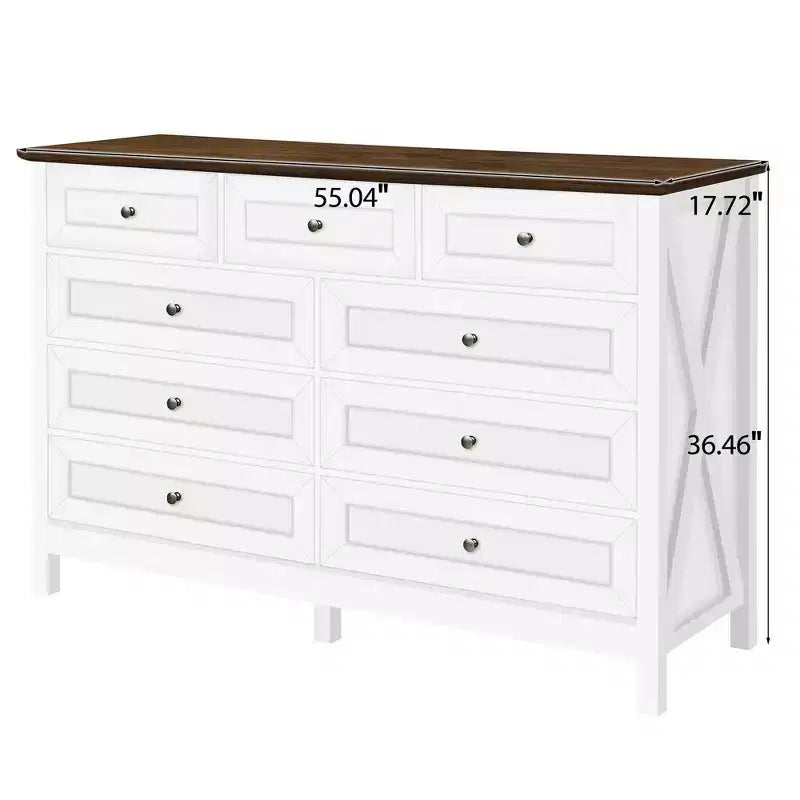 Cassettiera moderna Okak a 9 cassetti in stile rustico con maniglie argentate, comò minimalista in legno, cassettiera per camera da letto, ingresso