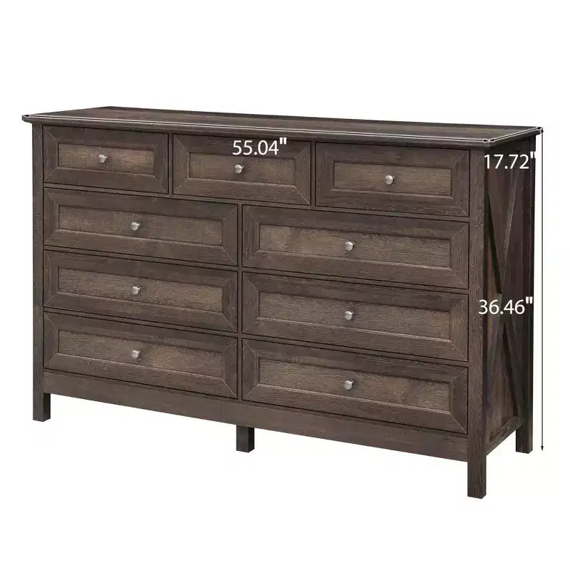 Cassettiera moderna Okak a 9 cassetti in stile rustico con maniglie argentate, comò minimalista in legno, cassettiera per camera da letto, ingresso