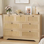 Rattan 7 Drawer Dresser for Bedroom, Farmhouse Modern Dressers & Chests of Drawers, for Closet, Living Room, Entryway, Hallway, Oak