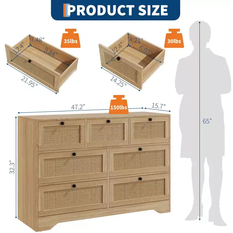 Cassettiera in Rattan a 7 Cassetti per Camera da Letto, Cassettiere e Comodini Moderni Stile Rustico, per Armadio, Soggiorno, Ingresso, Corridoio, Quercia