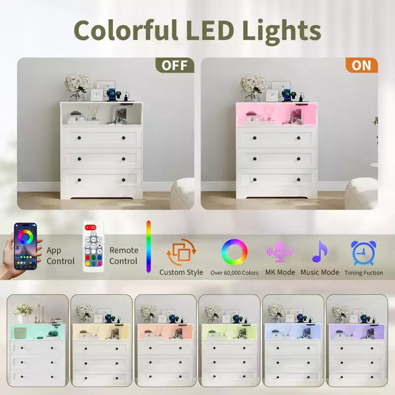 Comò piccolo da camera con 3 cassetti, comò in legno con stazione di ricarica e luci LED, cassettiera in legno per soggiorno