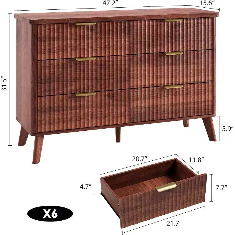 Comò a 6 cassetti per camera da letto, cassettiere larghe 120 cm con design a profilo curvo