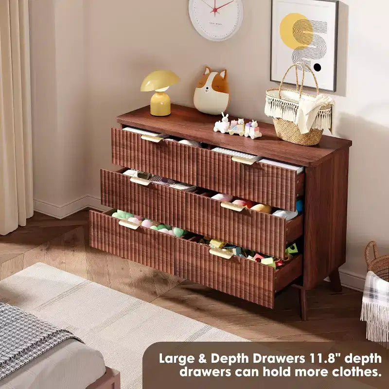 Comò a 6 cassetti per camera da letto, cassettiere larghe 120 cm con design a profilo curvo