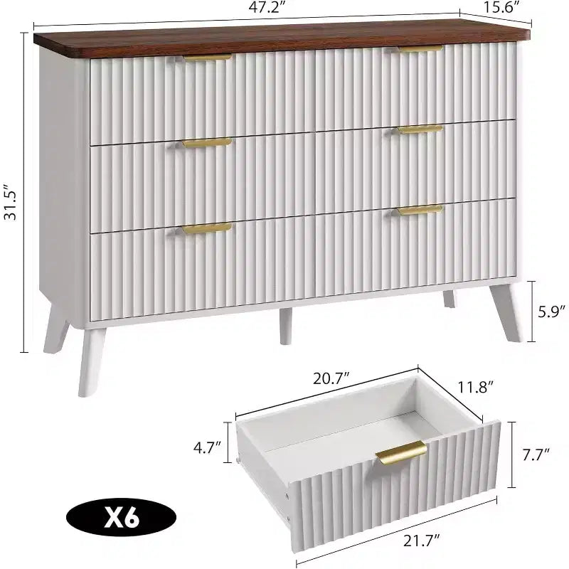 Comò a 6 cassetti per camera da letto, cassettiere larghe 120 cm con design a profilo curvo