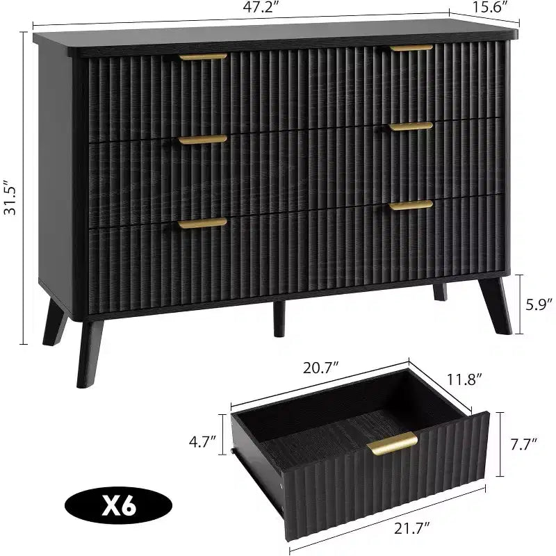 Comò a 6 cassetti per camera da letto, cassettiere larghe 120 cm con design a profilo curvo