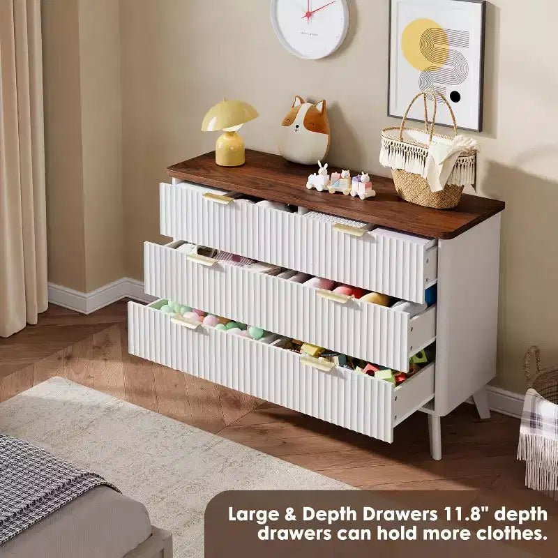 Comò a 6 cassetti per camera da letto, cassettiere larghe 120 cm con design a profilo curvo
