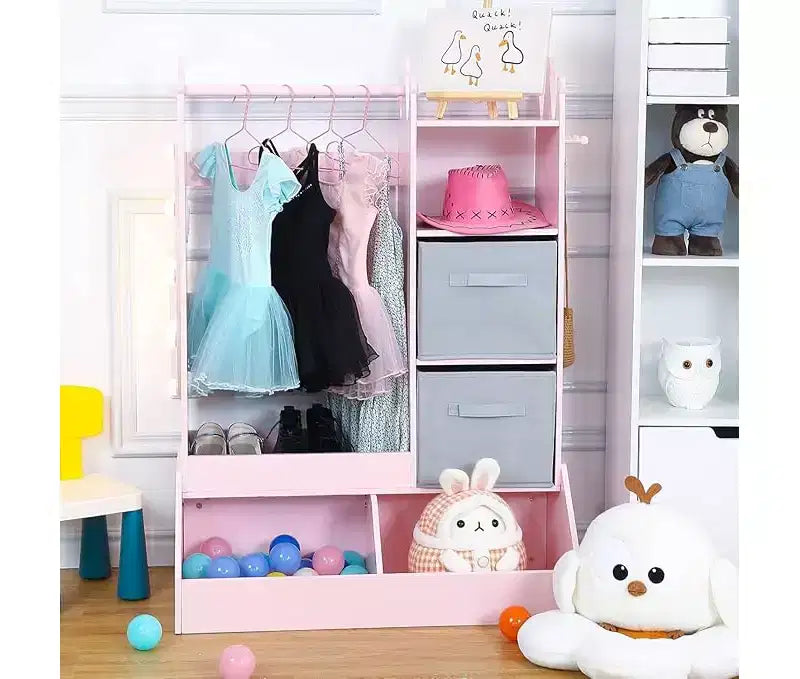 Armadio gioco con specchio per bambini, armadio rosa con specchio e cassettiera, organizer per costumi con scaffali e portagioie, cassettiere per bambini