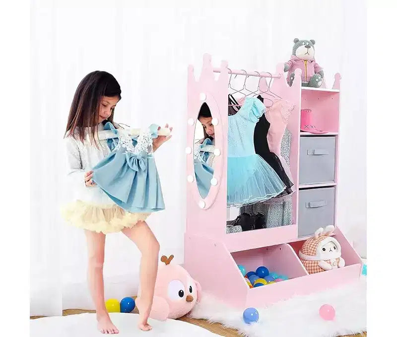 Armadio gioco con specchio per bambini, armadio rosa con specchio e cassettiera, organizer per costumi con scaffali e portagioie, cassettiere per bambini