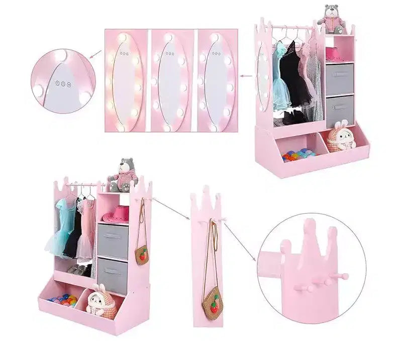 Armadio gioco con specchio per bambini, armadio rosa con specchio e cassettiera, organizer per costumi con scaffali e portagioie, cassettiere per bambini