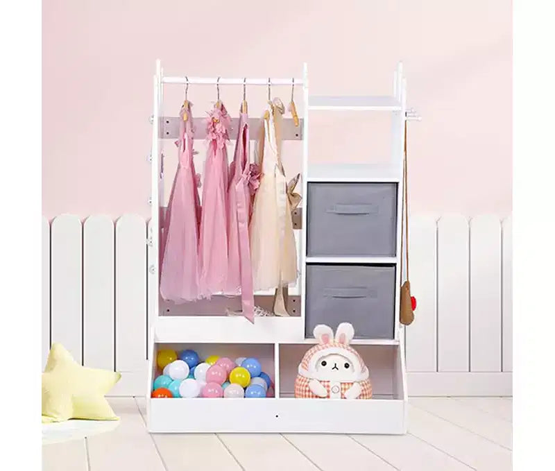 Armadio gioco con specchio per bambini, armadio rosa con specchio e cassettiera, organizer per costumi con scaffali e portagioie, cassettiere per bambini