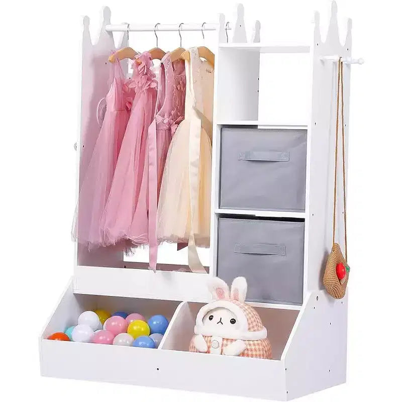Armadio gioco con specchio per bambini, armadio rosa con specchio e cassettiera, organizer per costumi con scaffali e portagioie, cassettiere per bambini