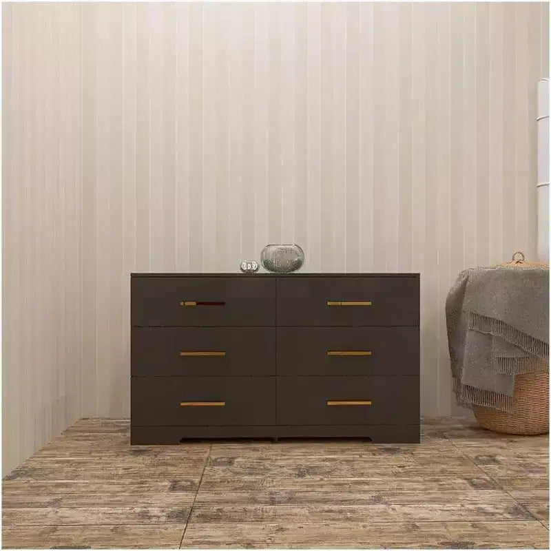 Cassettiera a 6 cassetti grande di colore nero con maniglia dorata