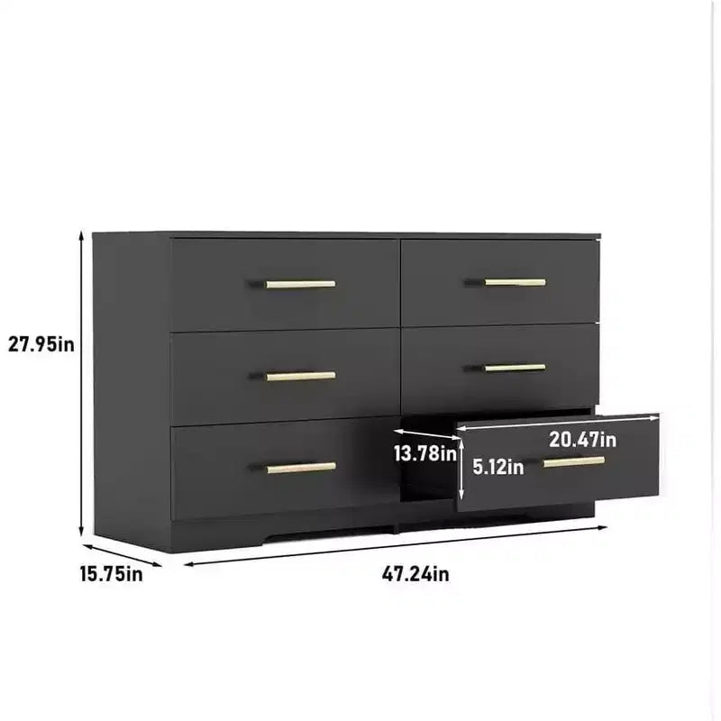 Cassettiera a 6 cassetti grande di colore nero con maniglia dorata