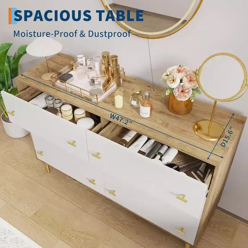 Comò a 6 cassetti per camera da letto, cassettiera rustica in legno larga 120 cm con maniglie a barra, organizer per camera da letto, soggiorno, corridoio