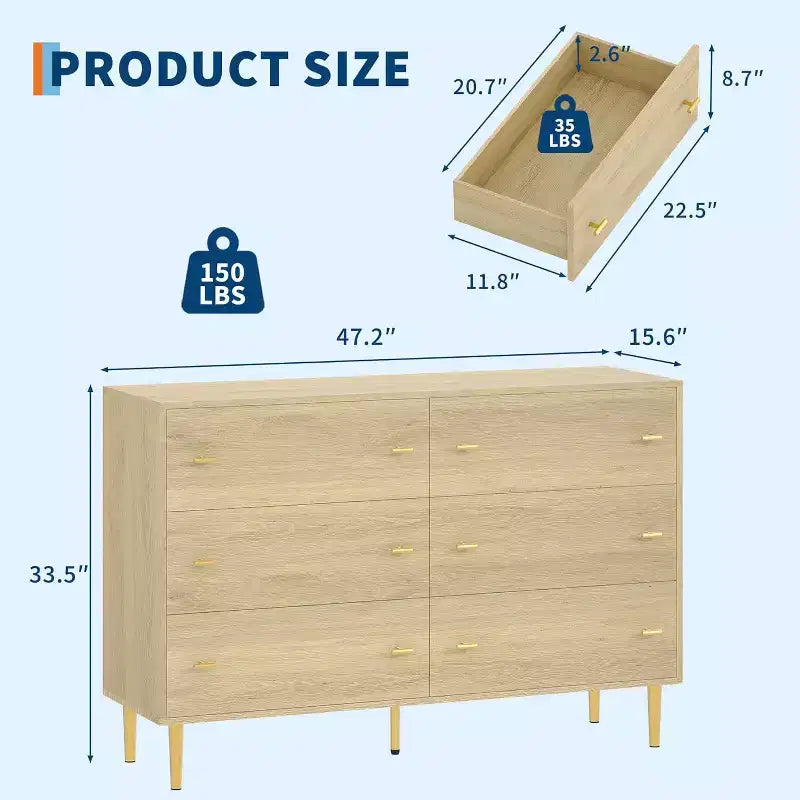 Comò a 6 cassetti per camera da letto, cassettiera rustica in legno larga 120 cm con maniglie a barra, organizer per camera da letto, soggiorno, corridoio