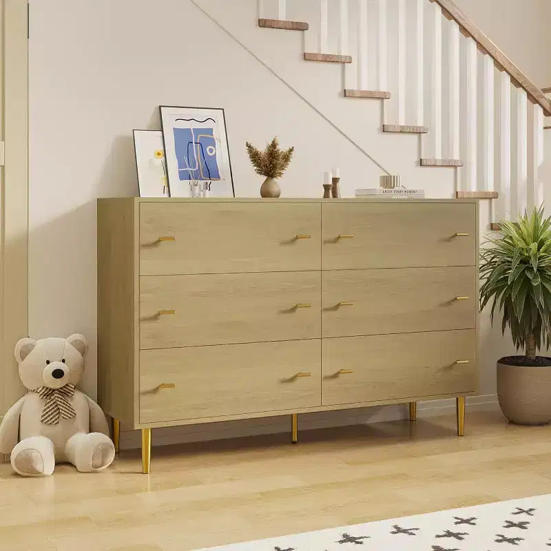 Comò a 6 cassetti per camera da letto, cassettiera rustica in legno larga 120 cm con maniglie a barra, organizer per camera da letto, soggiorno, corridoio