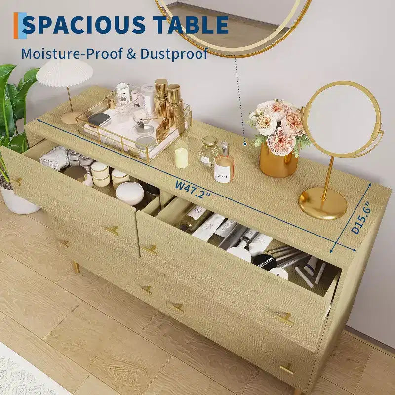 Comò a 6 cassetti per camera da letto, cassettiera rustica in legno larga 120 cm con maniglie a barra, organizer per camera da letto, soggiorno, corridoio