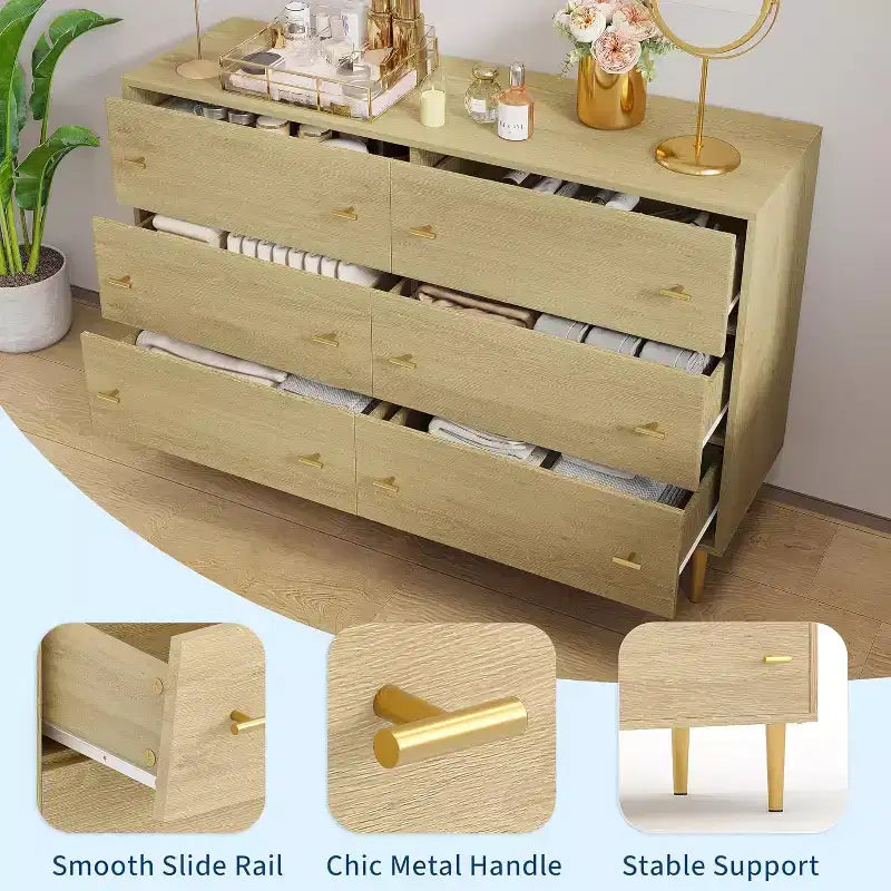 Comò a 6 cassetti per camera da letto, cassettiera rustica in legno larga 120 cm con maniglie a barra, organizer per camera da letto, soggiorno, corridoio