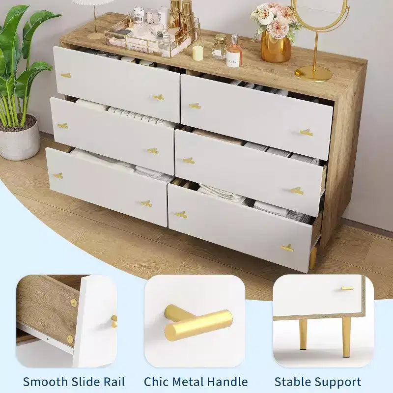 Comò a 6 cassetti per camera da letto, cassettiera rustica in legno larga 120 cm con maniglie a barra, organizer per camera da letto, soggiorno, corridoio