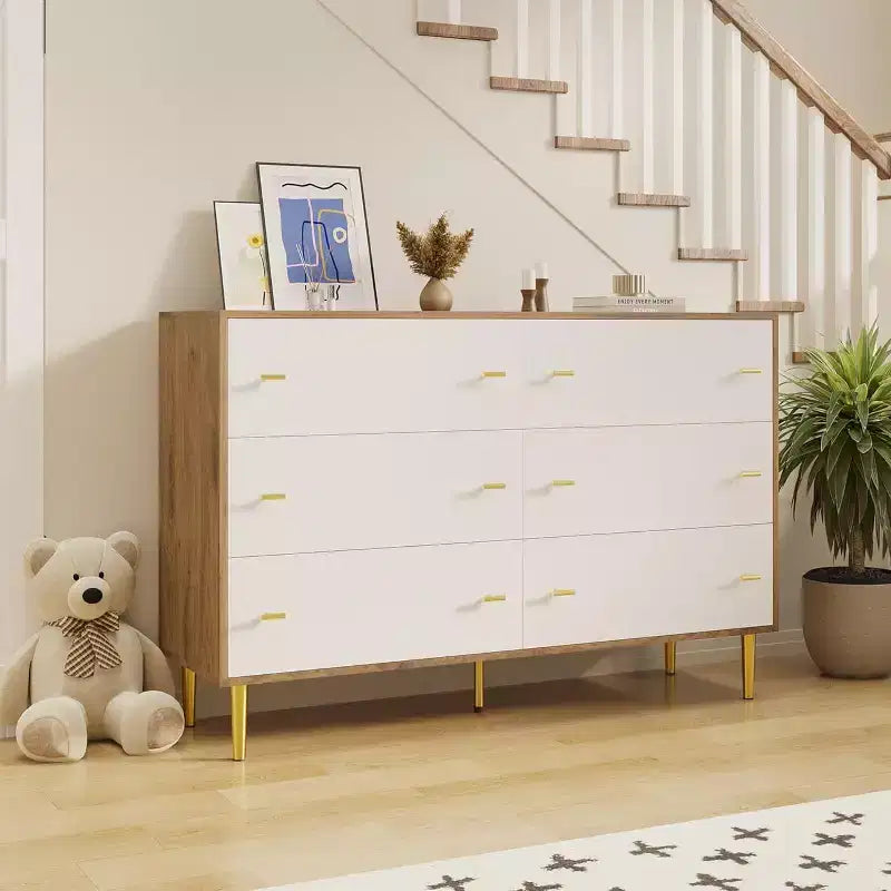 Comò a 6 cassetti per camera da letto, cassettiera rustica in legno larga 120 cm con maniglie a barra, organizer per camera da letto, soggiorno, corridoio