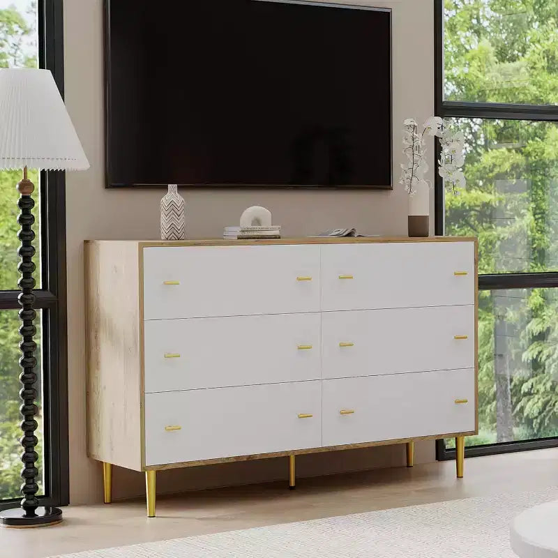 Comò a 6 cassetti per camera da letto, cassettiera rustica in legno larga 120 cm con maniglie a barra, organizer per camera da letto, soggiorno, corridoio