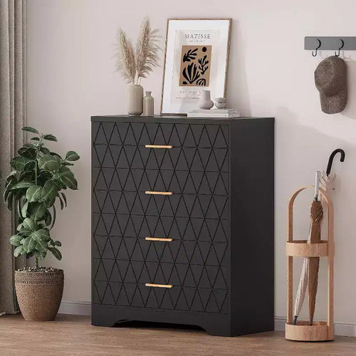 Comò in Legno a 4 Cassetti per Camera da Letto, Cassettiera in Legno con Maniglie Dorate, Comodino Moderno per Camera da Letto, Armadietto Contenitore in Legno