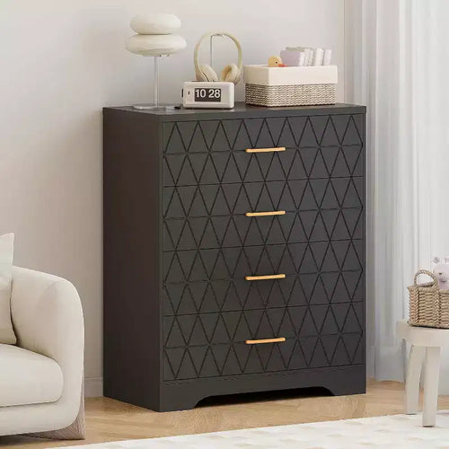4 Drawer Wooden Dressers for Bedroom, Wood Chest of Drawers with Gold Handles, Modern Nightstand for Bedside, Wooden Storage Organizer Cabinet