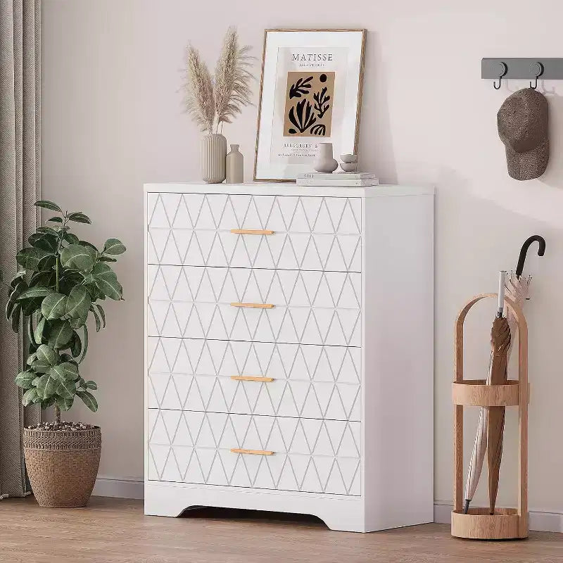 Comò in Legno a 4 Cassetti per Camera da Letto, Cassettiera in Legno con Maniglie Dorate, Comodino Moderno per Camera da Letto, Armadietto Contenitore in Legno