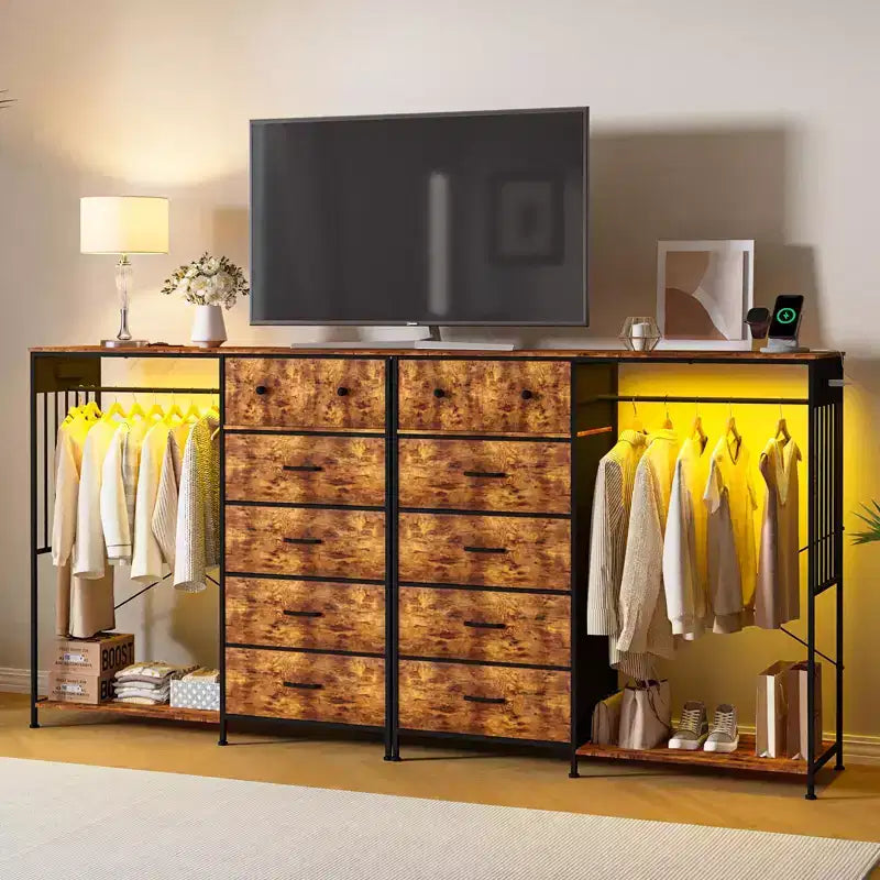 Comò a 6 cassetti con appendiabiti, Comò con stazione di ricarica e luci a LED, Comò per bambini con scarpiera, Cassettiera per camera da letto