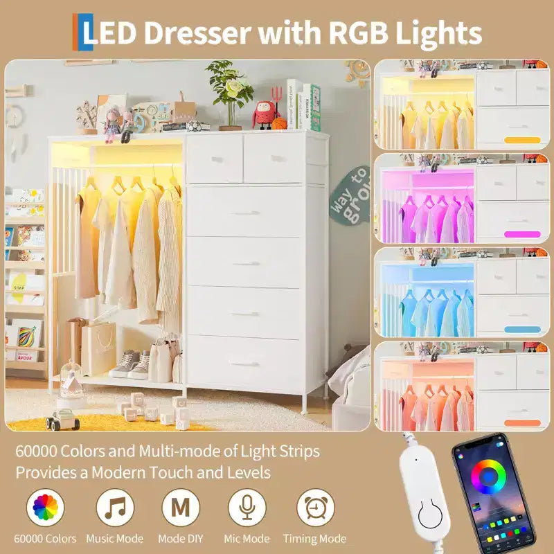 Comò a 6 cassetti con appendiabiti, Comò con stazione di ricarica e luci a LED, Comò per bambini con scarpiera, Cassettiera per camera da letto