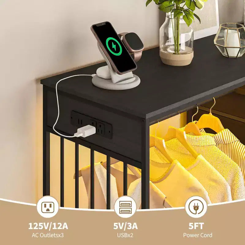 Comò a 6 cassetti con appendiabiti, Comò con stazione di ricarica e luci a LED, Comò per bambini con scarpiera, Cassettiera per camera da letto