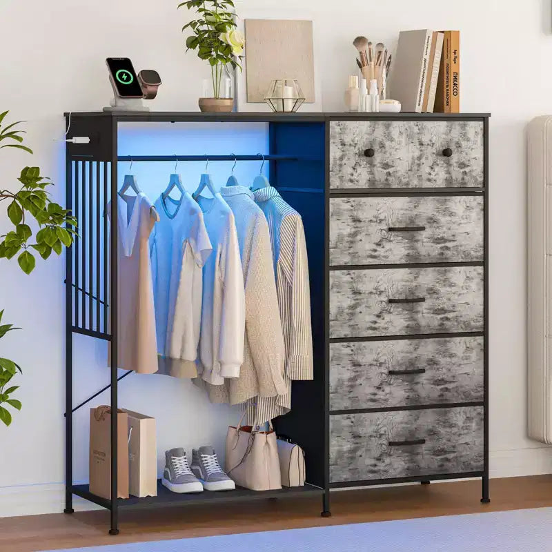 Comò a 6 cassetti con appendiabiti, Comò con stazione di ricarica e luci a LED, Comò per bambini con scarpiera, Cassettiera per camera da letto